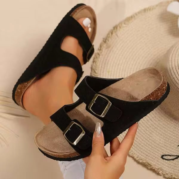 Women's Slip-On Sandals With Adjustable Buckle And Cork Footbed - Comfortable And Stylish Slide Sandals For Any Occasion