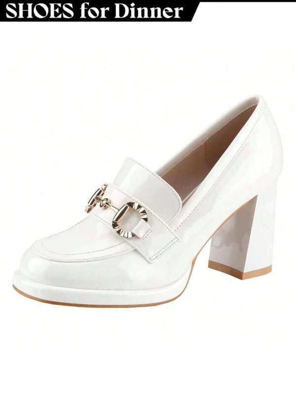 Women Chunky High Heel Mary Jane Pumps – Square Toe Closed Toe Block Heel With Ankle Strap & Metal Decor