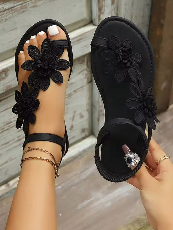 New Summer Floral Strap Sandals, Soft Flat Open-Toe Sandals, Gentle Fairy Style Sandals, Comfortable For Long Wear, Casual Versatile Roman Sandals