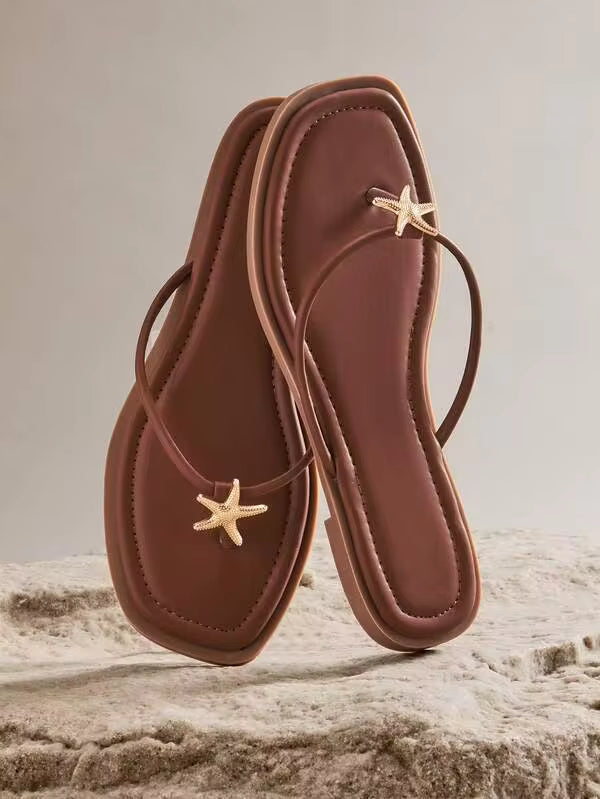 SHUZIA New Women's Chocolate Faux Leather Thong Sandal Square Toe Slide Beach Decor Spring Summer Holiday Comfortable Vacation Shoes