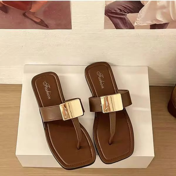 French Elegant Metal Square Buckle Flip Flops For Women, Flat Casual Commuting Holiday High-Quality Sandals For Summer